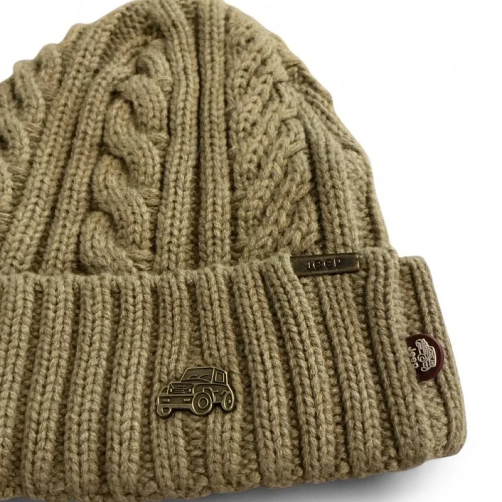 Jeep Cable Knit Beanie Hat Unisex OS Tan Khaki Fleece Lined Ribbed